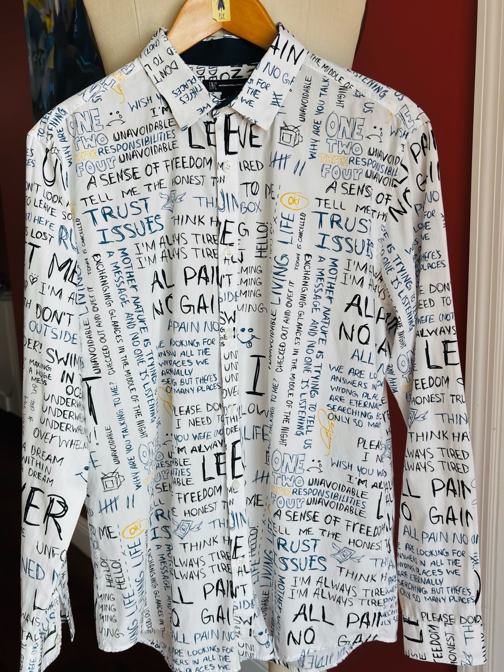 INC International Concepts White Button-Up Shirt with Black & Blue Script Print